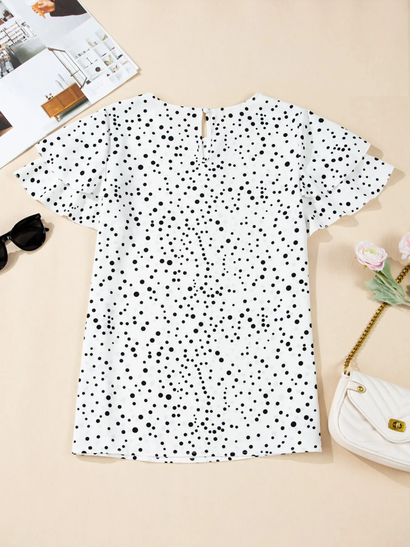 Polka Dot Layered Ruffled Short Sleeve Blouse - Image 7