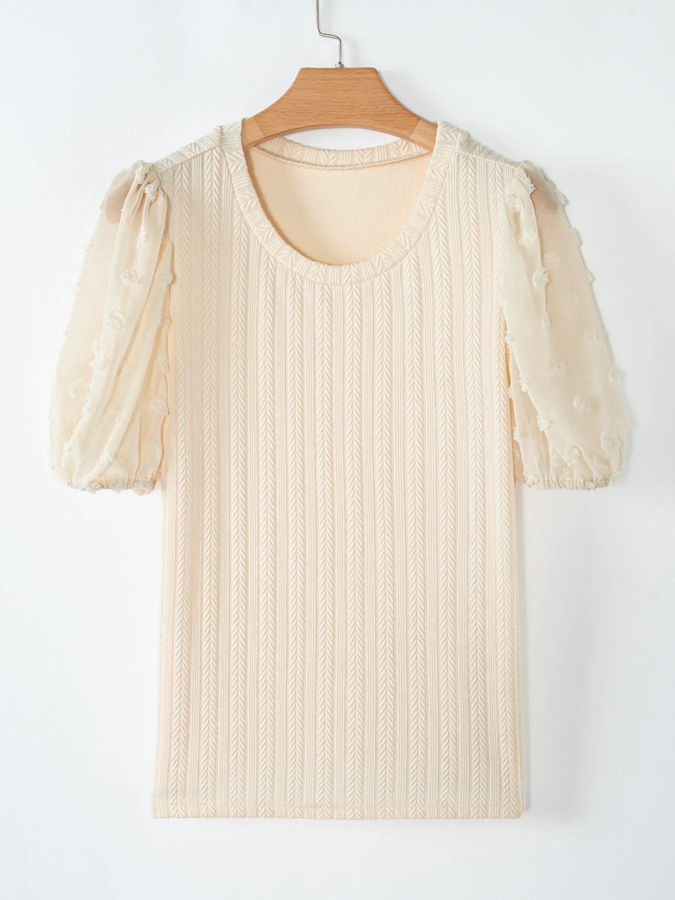 Polka Dot Mesh Puff Sleeve Textured Blouse - Image 3
