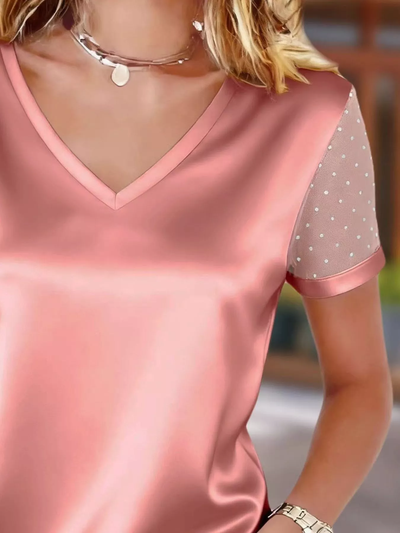 Polka Dot Mesh Sleeve Satin Short Sleeve Top - Image 12