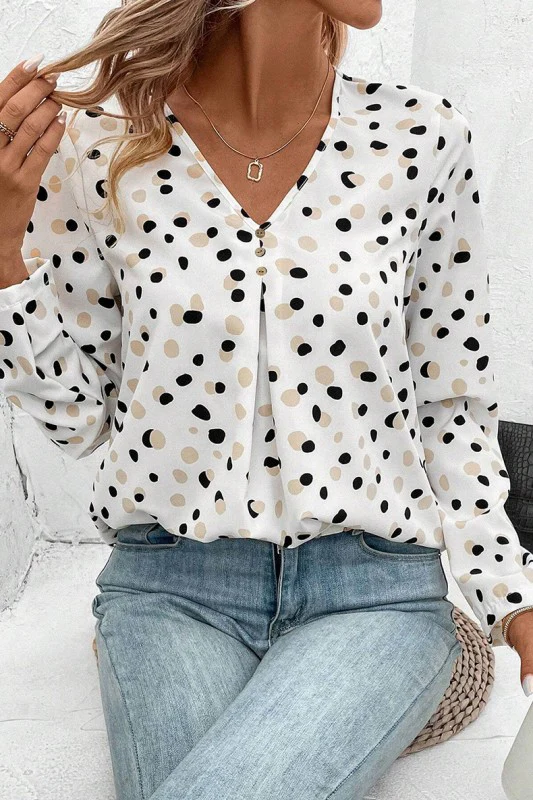 Polka Dot Print Button Front V Neck Blouse - Image 8