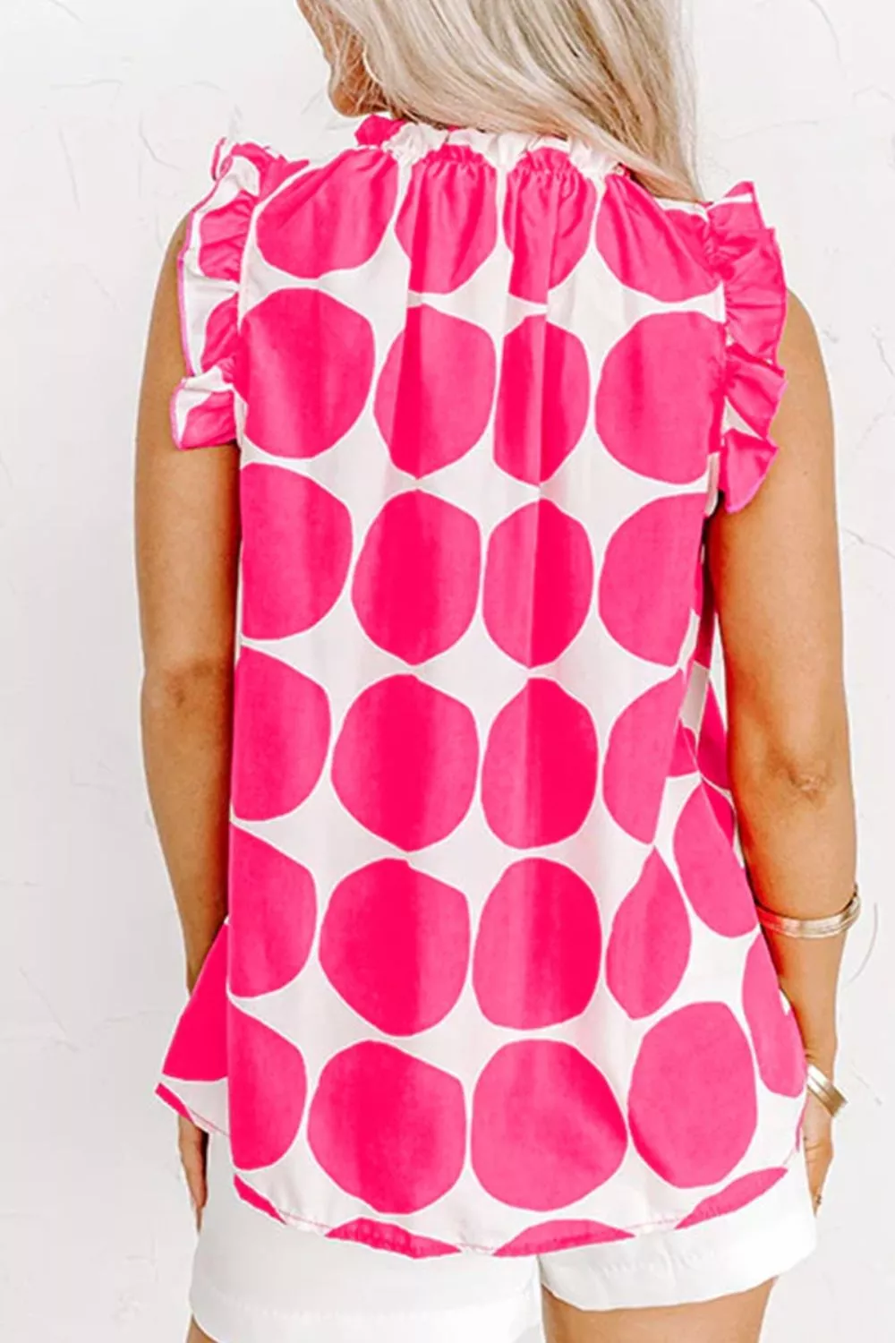 Polka Dot Print Frilled Round Neck Shift Tank Top - Image 2