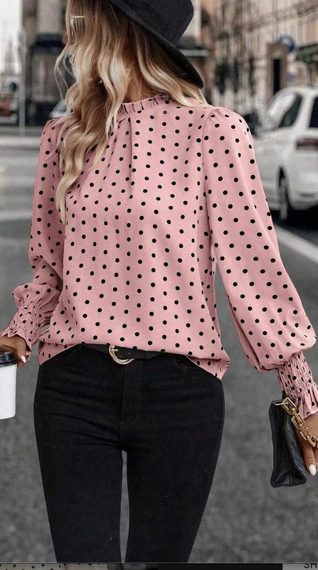 Polka Dot Print Lantern Sleeve Blouse - Image 4