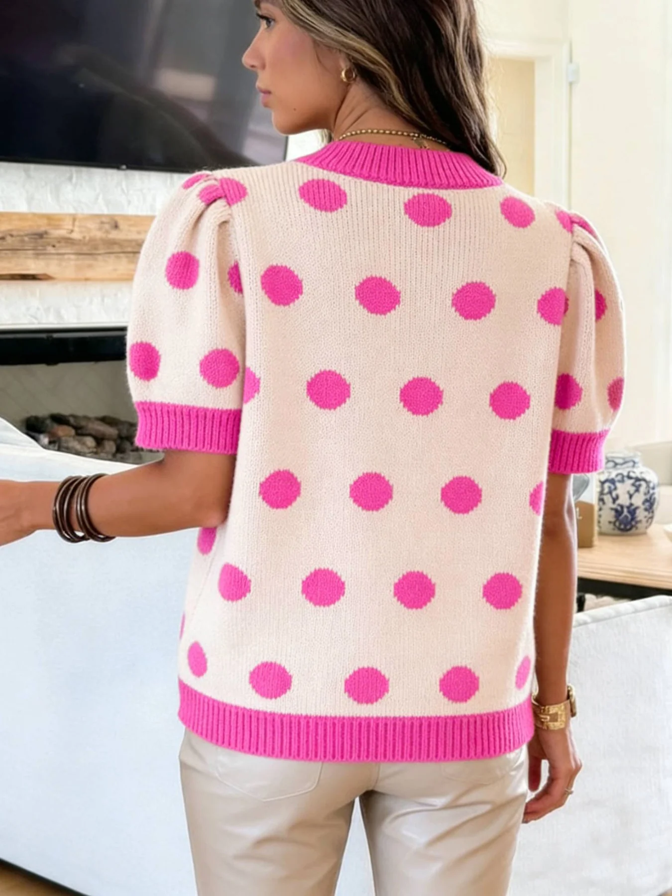 Polka Dot Puff Short Sleeve Sweater Top - Image 2