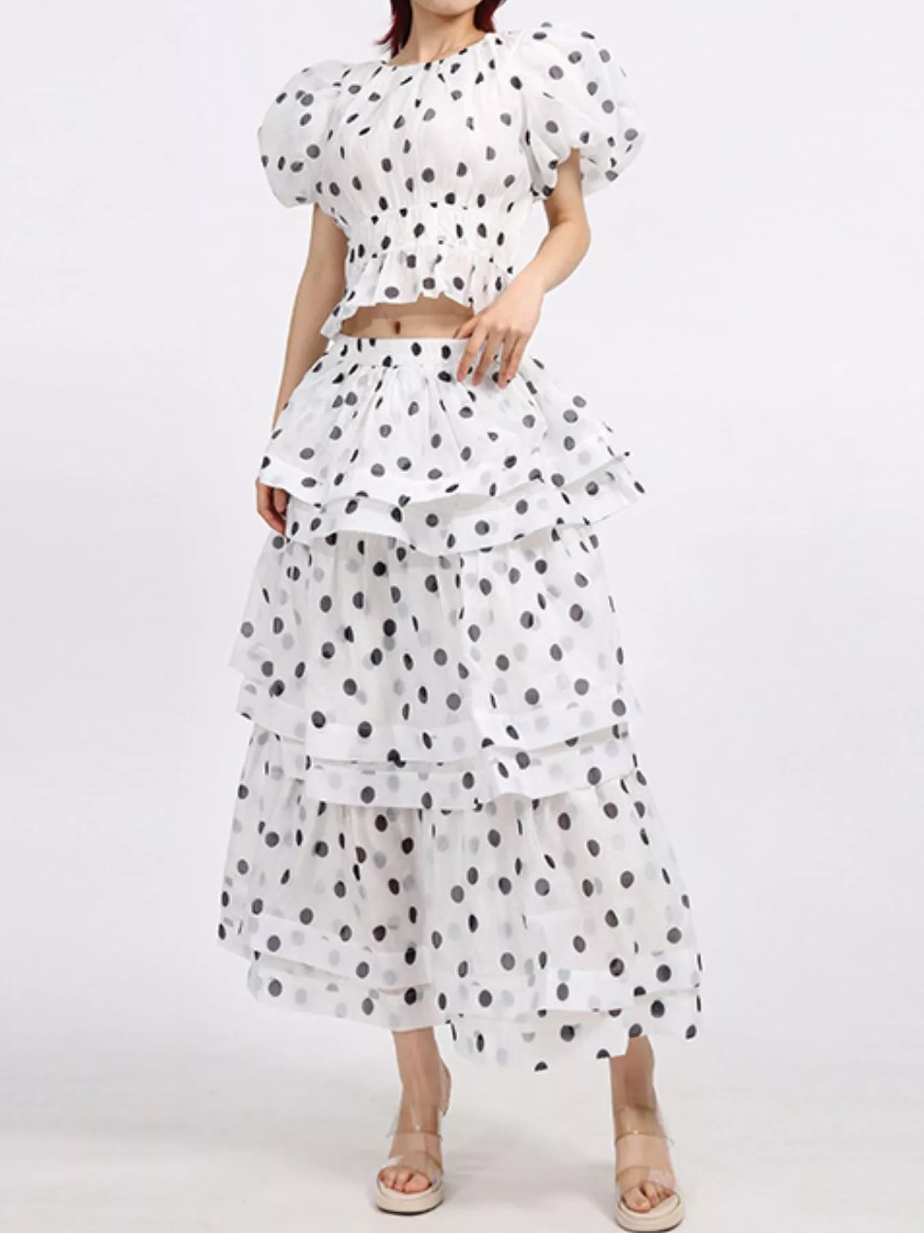 Polka Dot Puff Sleeve Top and Skirt Set - Image 2