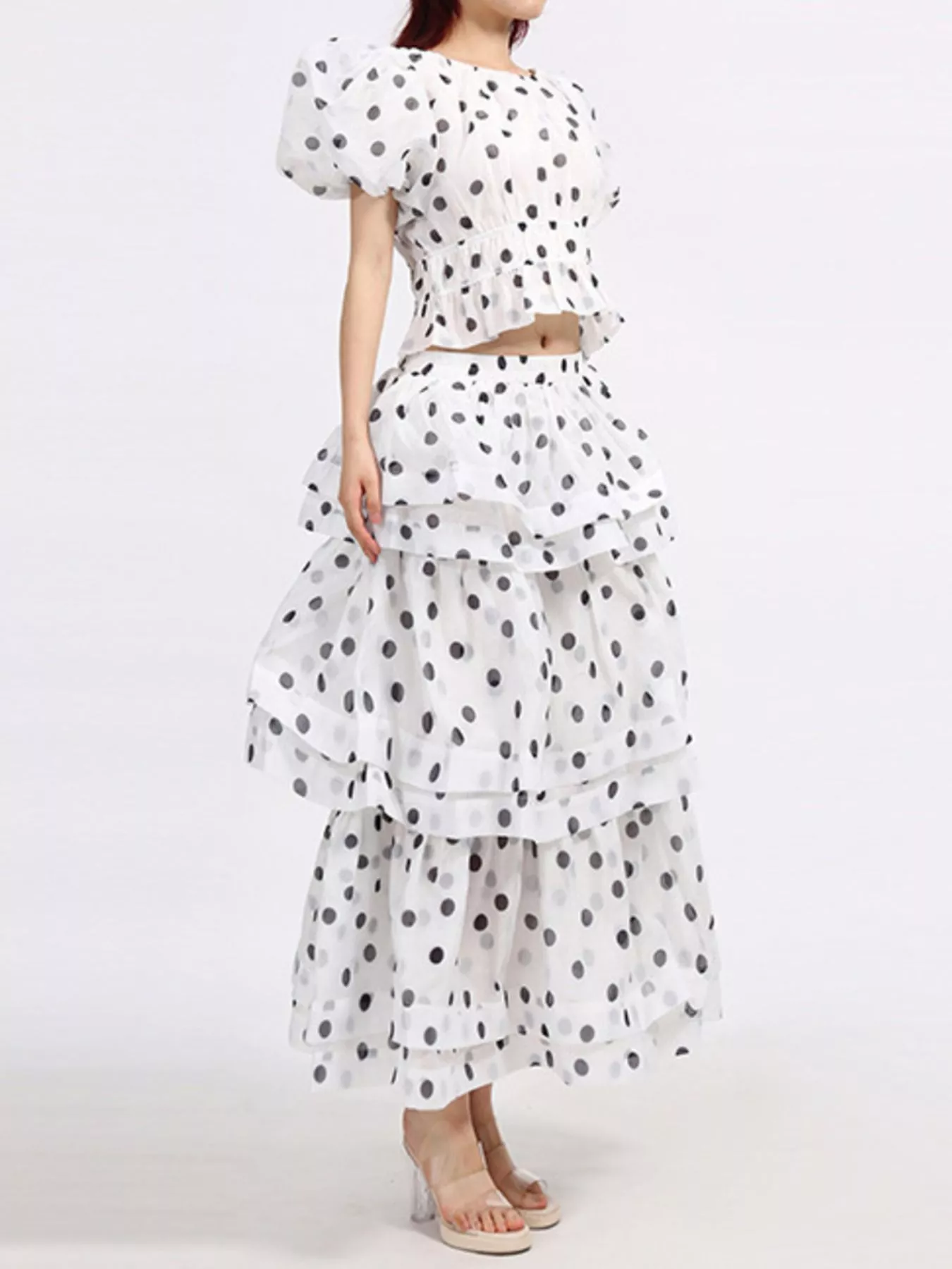 Polka Dot Puff Sleeve Top and Skirt Set - Image 3