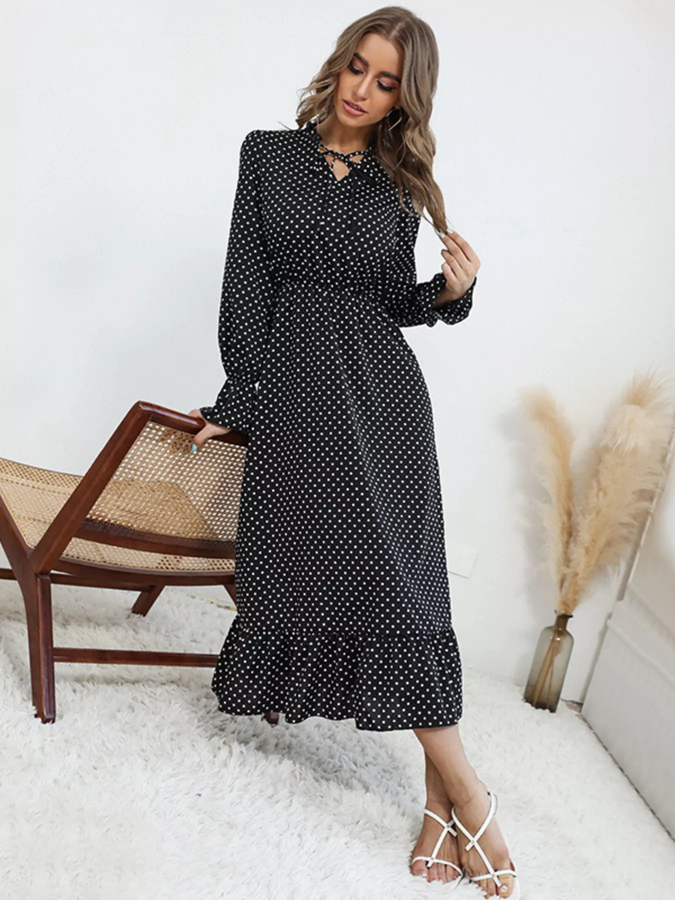 Polka Dot Ruffle Hem Midi Dress - Image 5