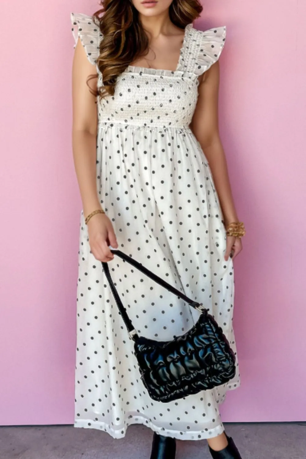 Polka Dot Ruffle Sleeve Smocked Midi Dress