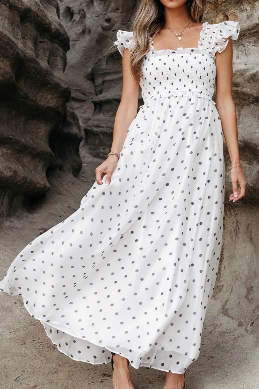 Polka Dot Ruffle Sleeve Smocked Midi Dress - Image 6