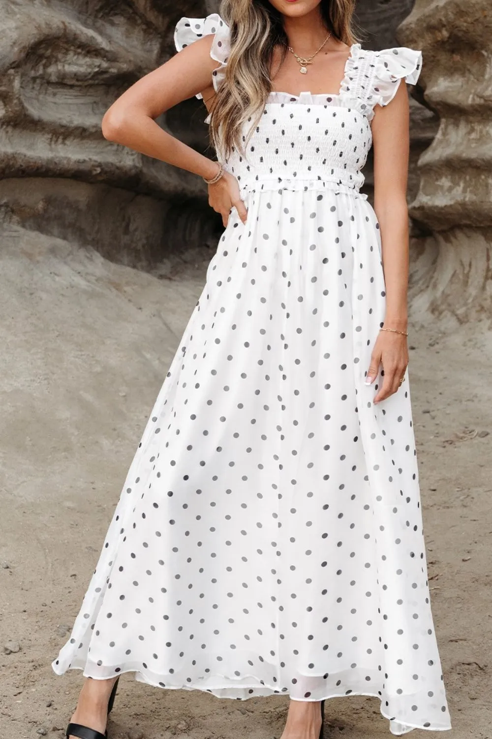 Polka Dot Ruffle Sleeve Smocked Midi Dress - Image 8