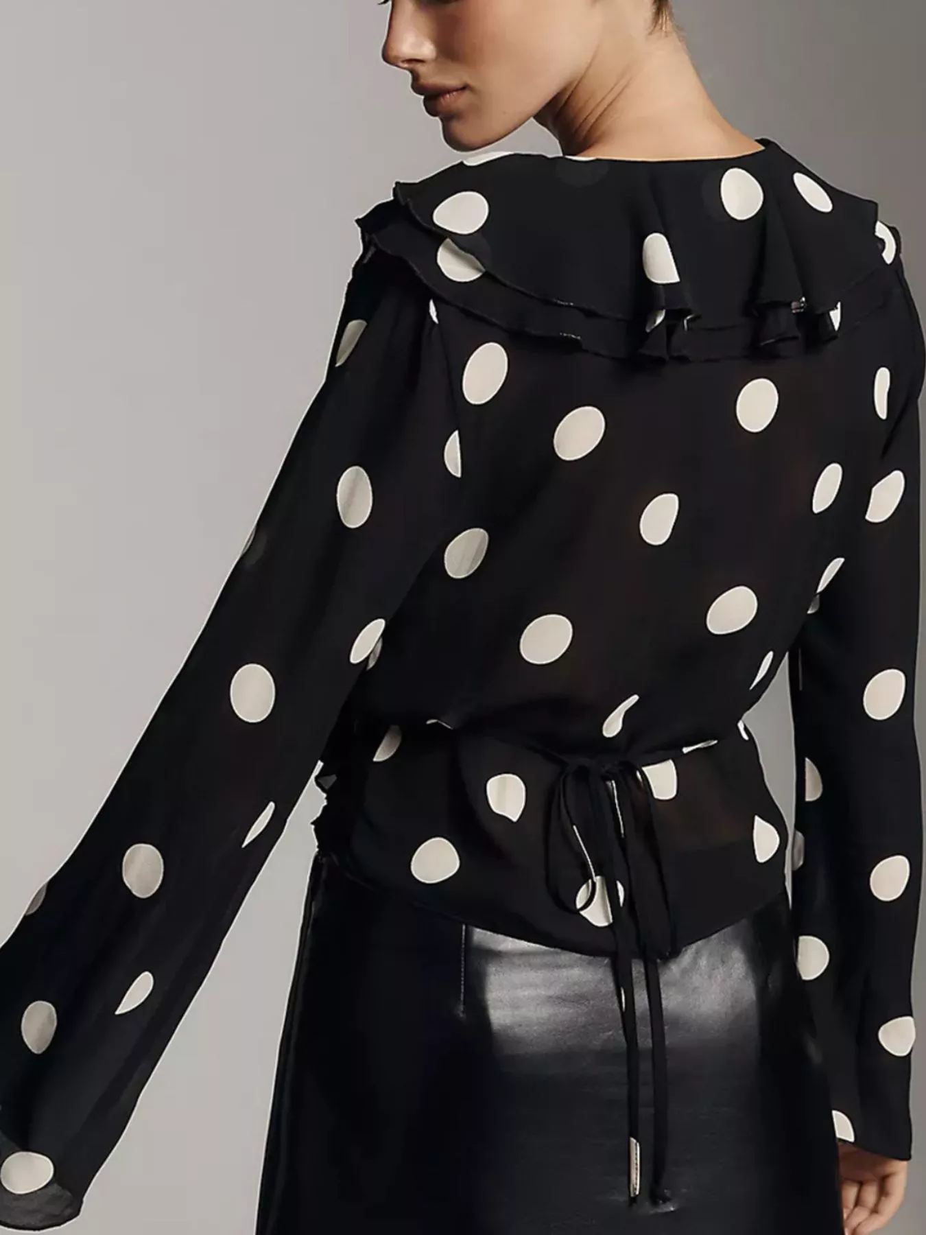 Polka Dot Ruffle V-Neck Blouse - Image 3