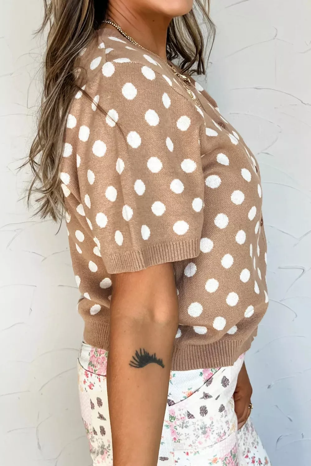 Polka Dot Short Sleeve Button Down Sweater Cardigan - Image 2