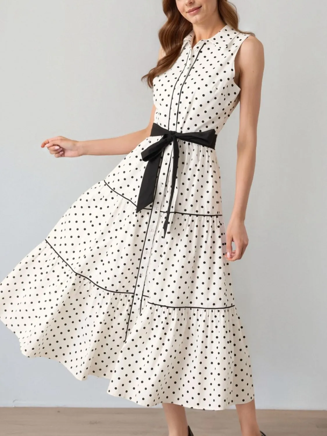 Polka Dot Sleeveless Midi Shirt Dress - Image 6