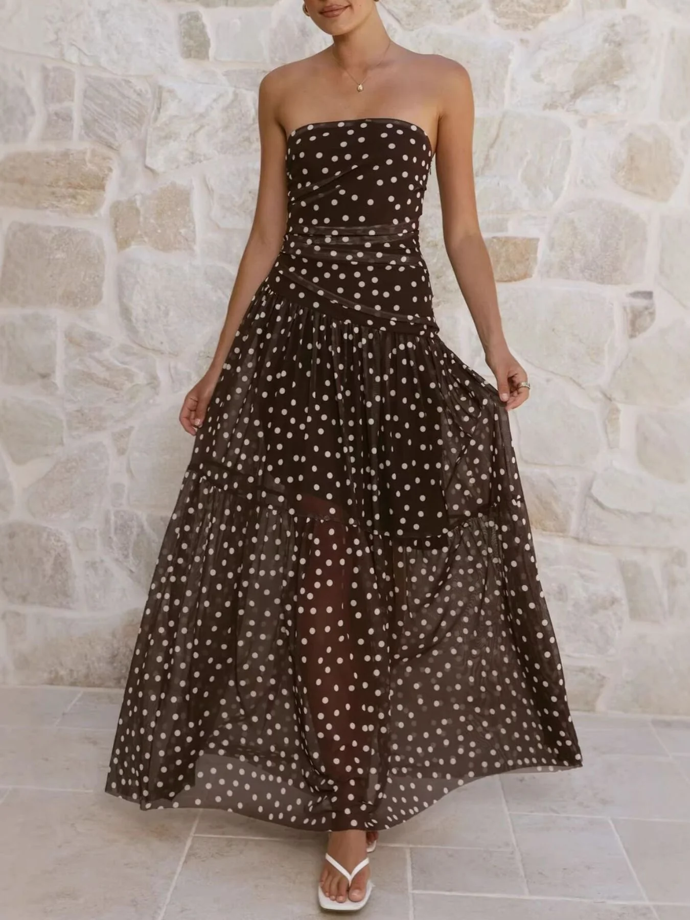Polka Dot Strapless Ruched Maxi Dress - Image 10