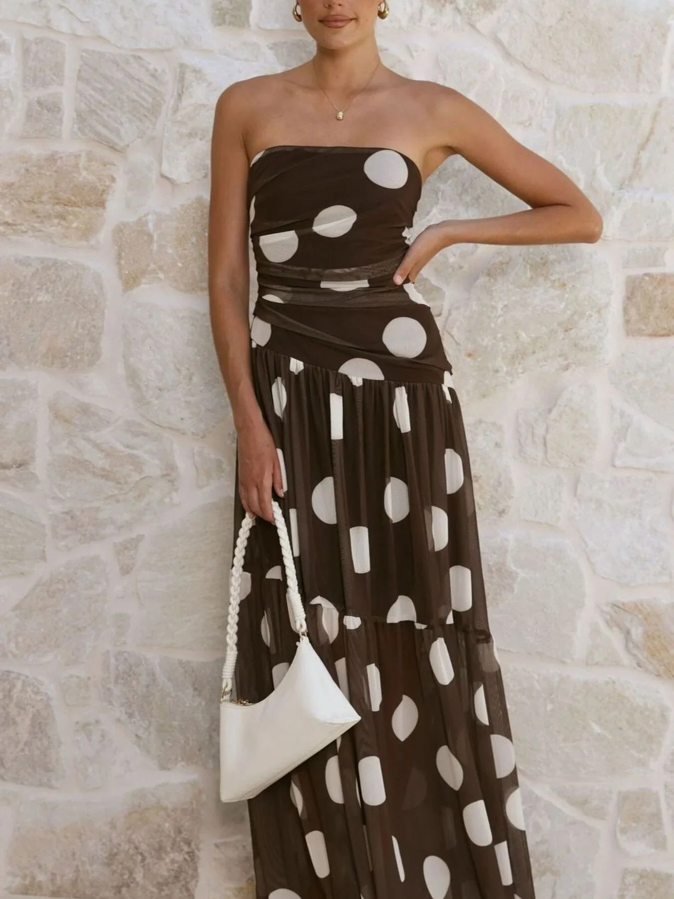 Polka Dot Strapless Ruched Maxi Dress - Image 9