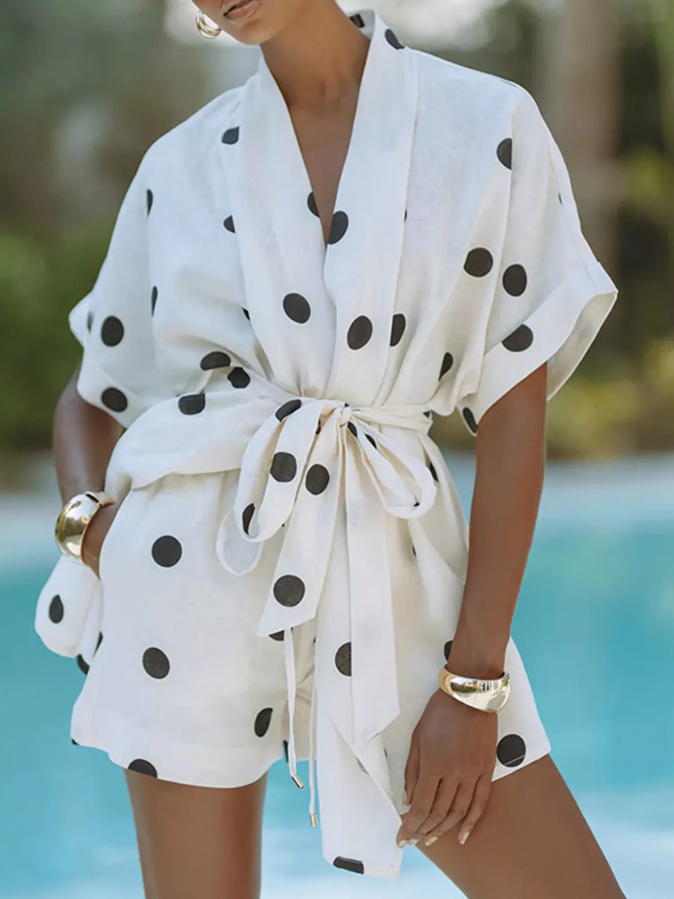 Polka Dot Tie Waist Top and Shorts Set - Image 2