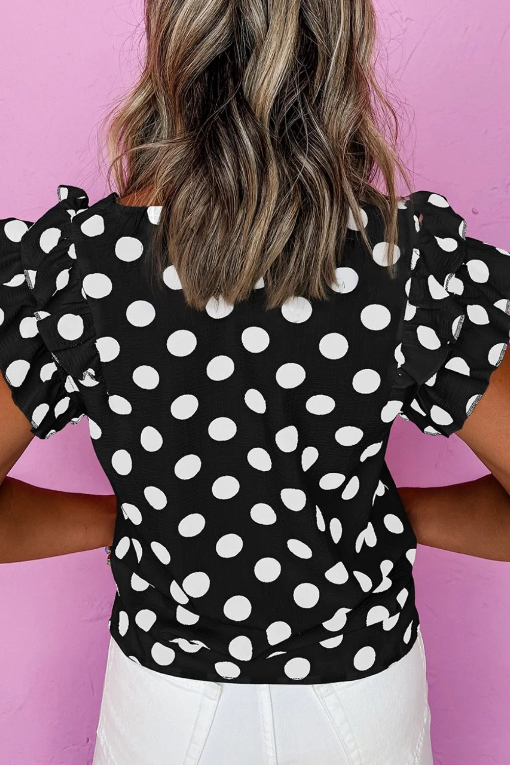 Polka Dot V-Neck Ruffle Cap Sleeve Blouse - Image 2
