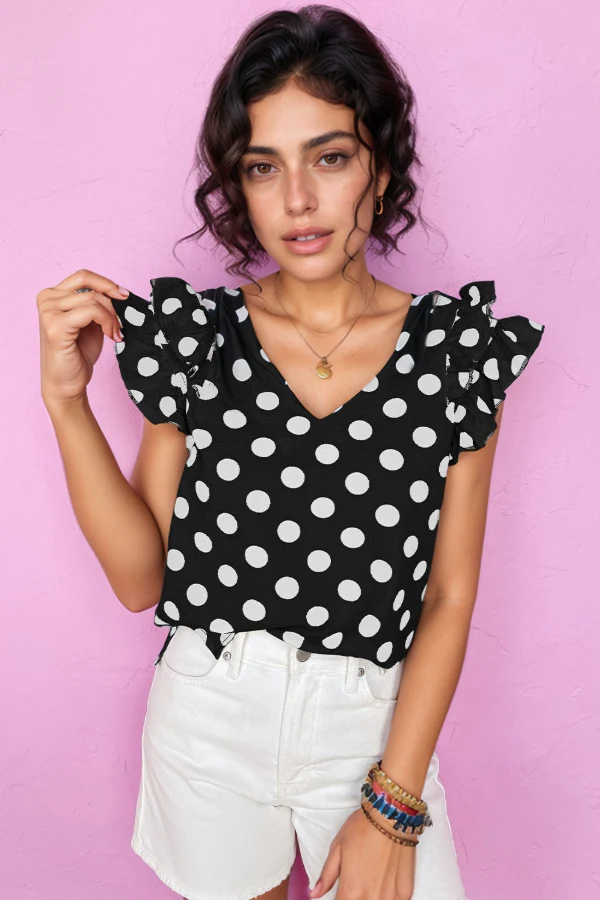 Polka Dot V-Neck Ruffle Cap Sleeve Blouse - Image 3