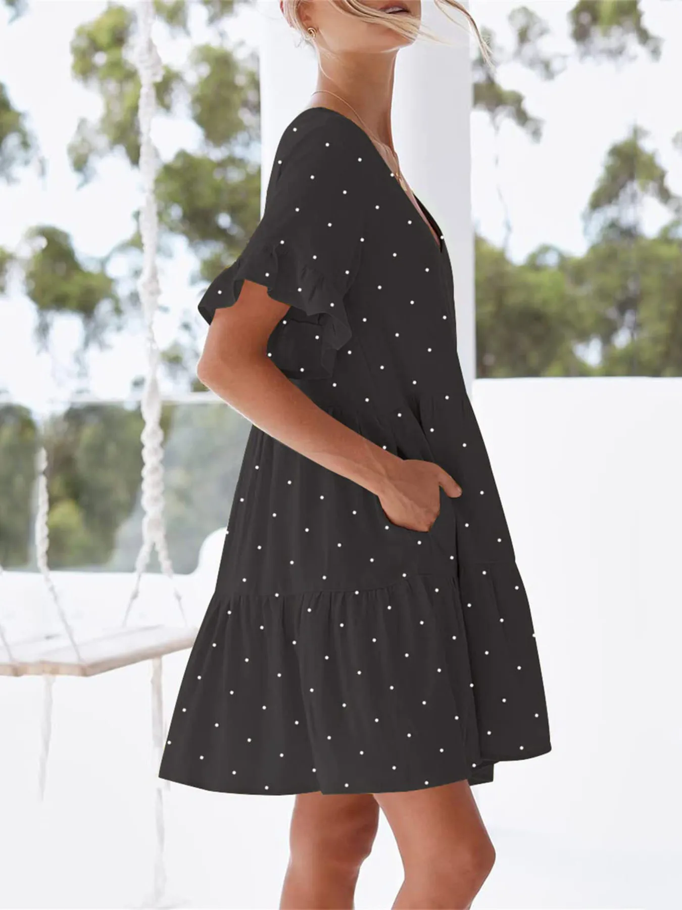 Polka Dot V-Neck Short Sleeve Mini Dress - Image 2