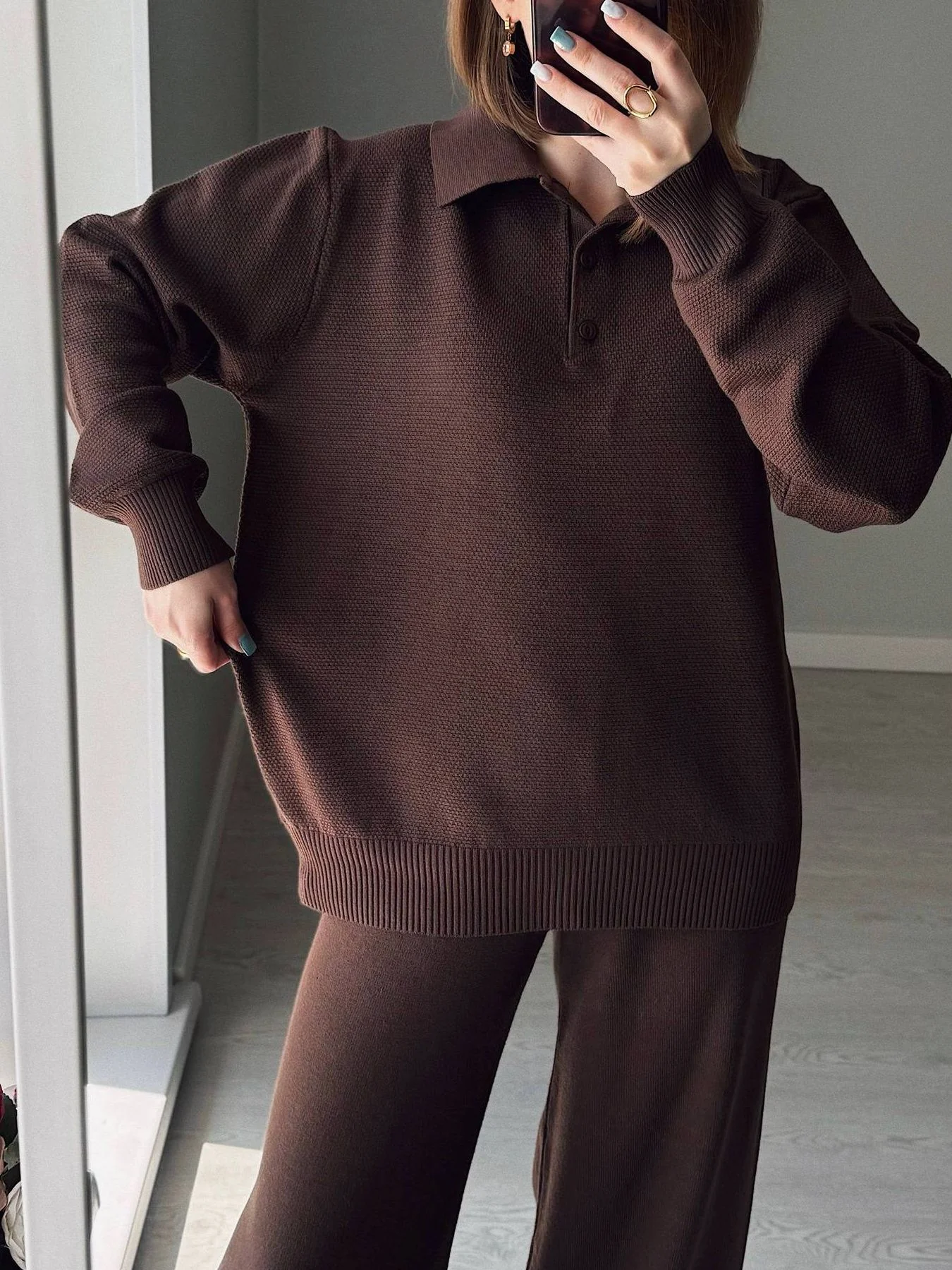Polo Collar Top and Pants or Skirt Knit Set - Image 8