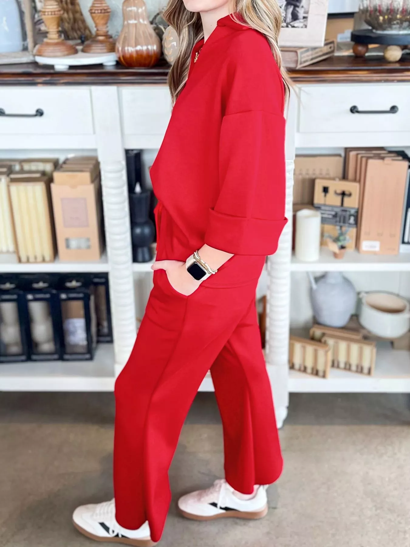 Polo Collar V Neck 3/4 Sleeve Pullover Drawstring Bell Bottom Pants 2pcs Set - Image 3