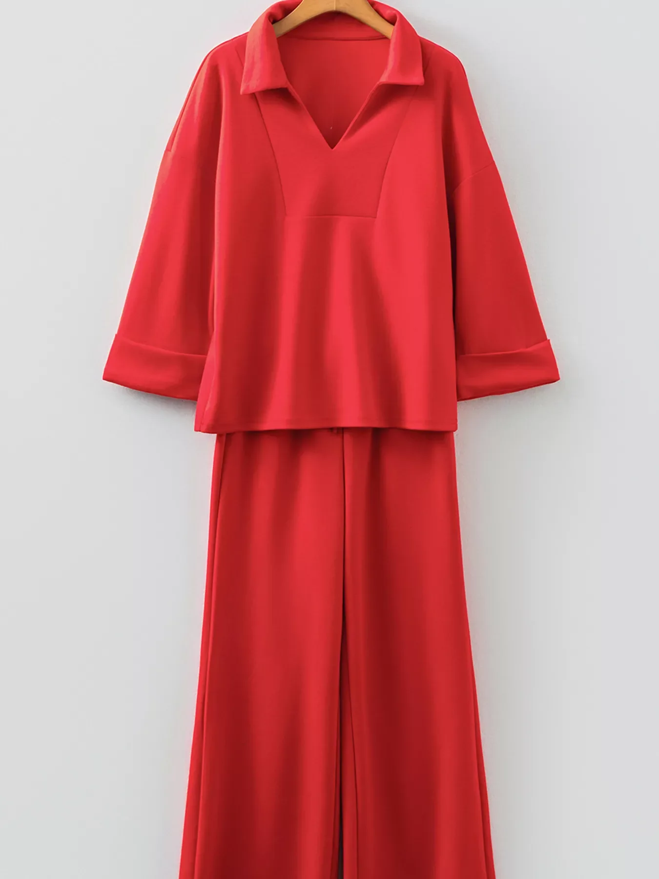 Polo Collar V Neck 3/4 Sleeve Pullover Drawstring Bell Bottom Pants 2pcs Set - Image 4