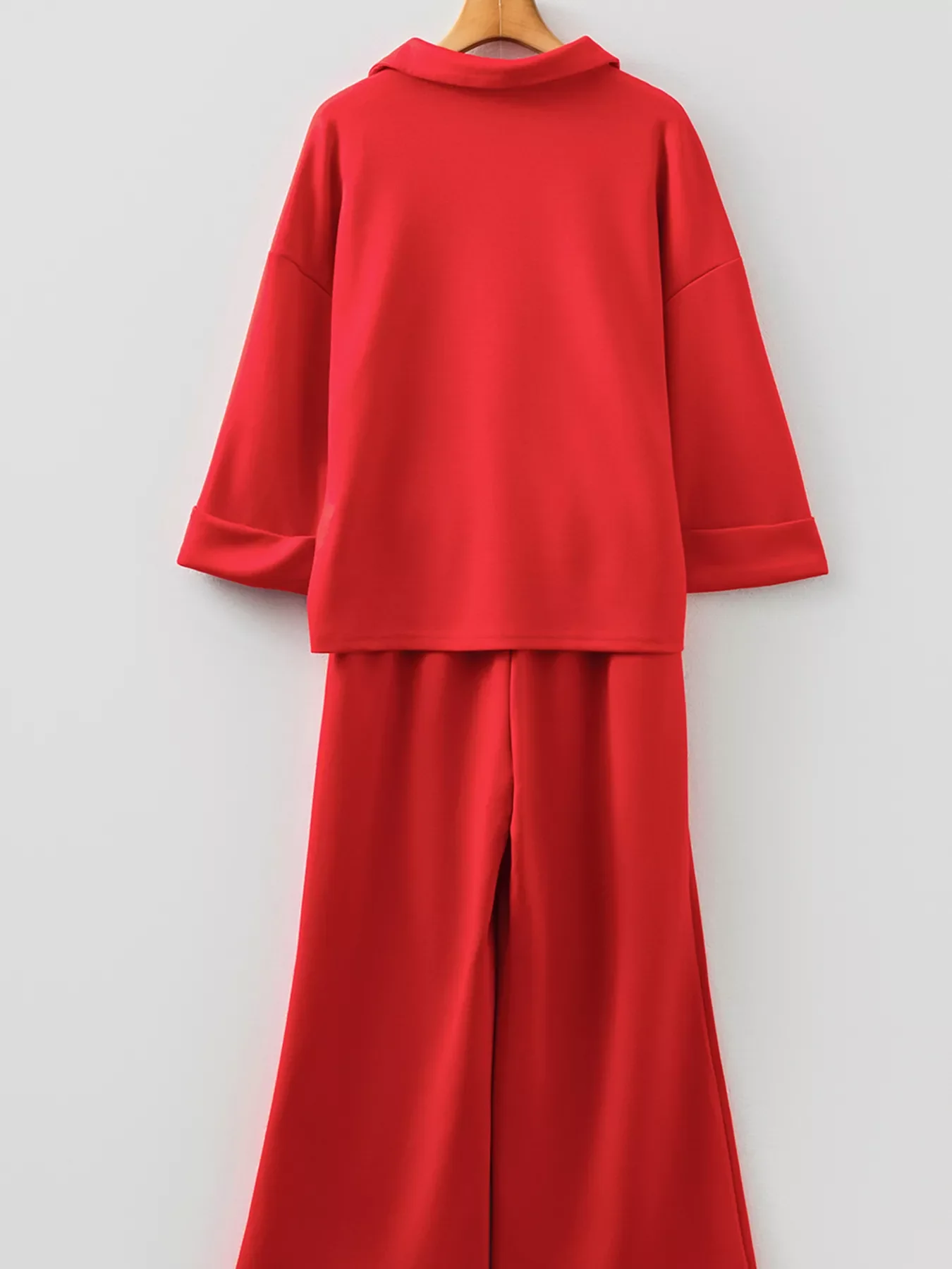 Polo Collar V Neck 3/4 Sleeve Pullover Drawstring Bell Bottom Pants 2pcs Set - Image 5