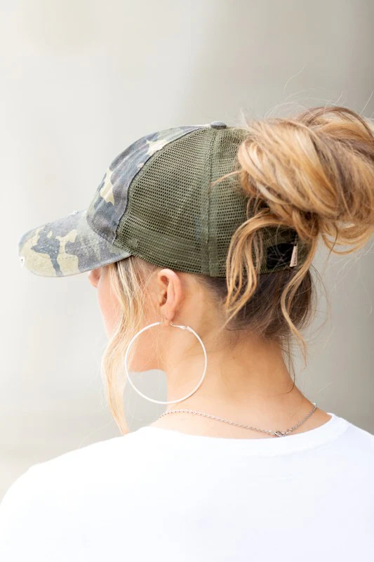 PonyFlo CAMO Distressed Messy Bun Cap Hat - Image 3