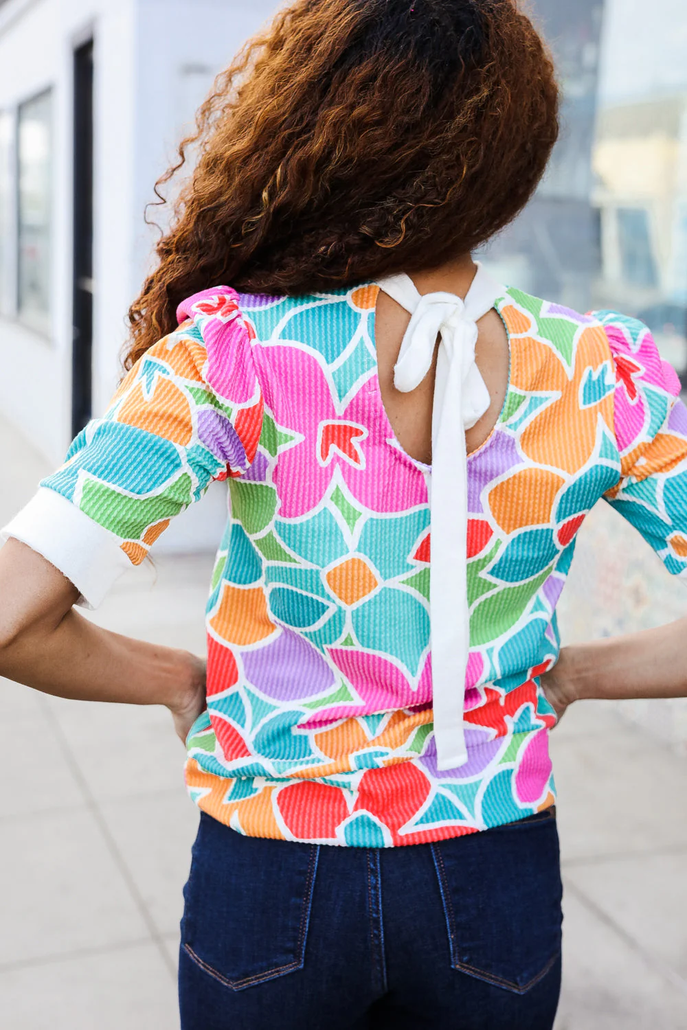 Spring Vibes Multicolor floral Rib Back Bow Tie Detail Top - Image 2