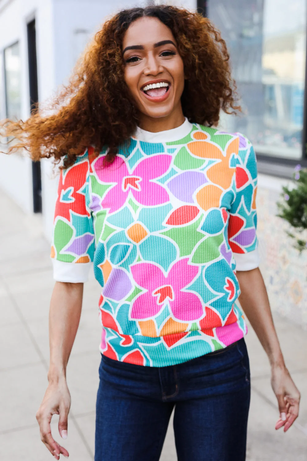 Spring Vibes Multicolor floral Rib Back Bow Tie Detail Top - Image 20