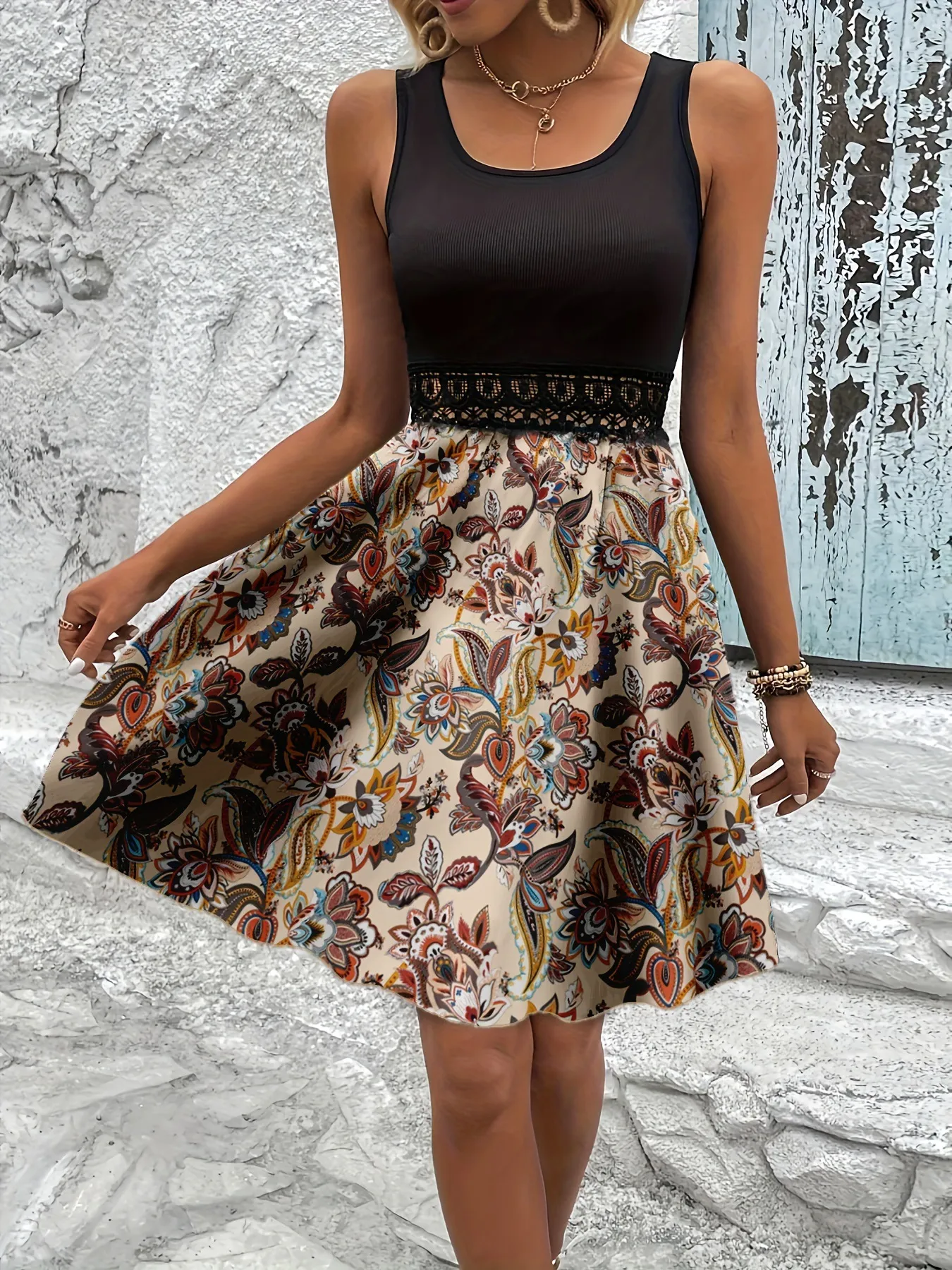 Printed A-Line Tank Dress with Lace Waist Detail - Image 11
