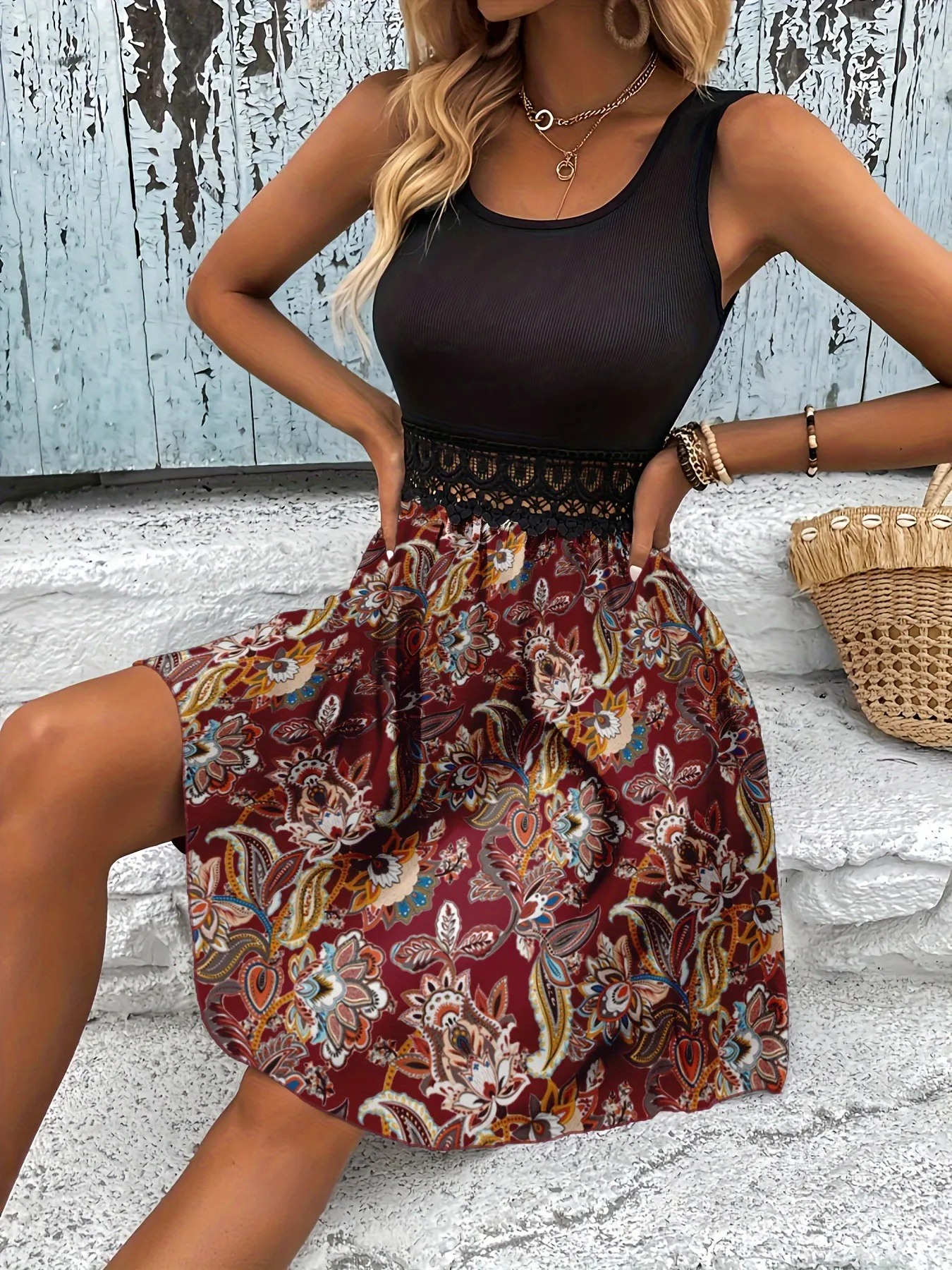 Printed A-Line Tank Dress with Lace Waist Detail - Image 2