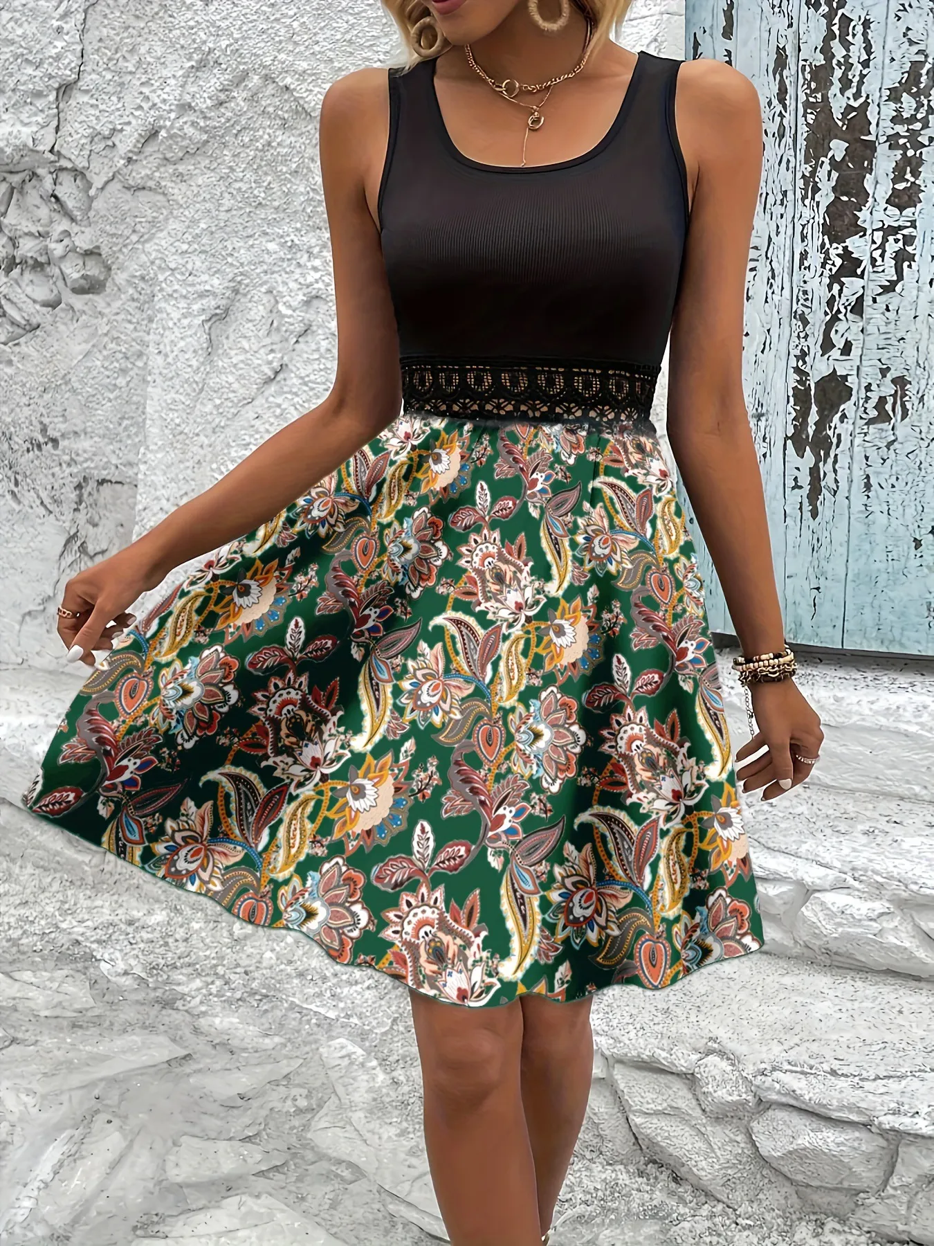 Printed A-Line Tank Dress with Lace Waist Detail - Image 6