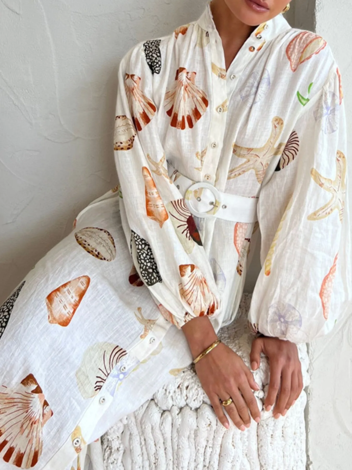 Printed Balloon Sleeve Maxi Shirt Dress - Image 2