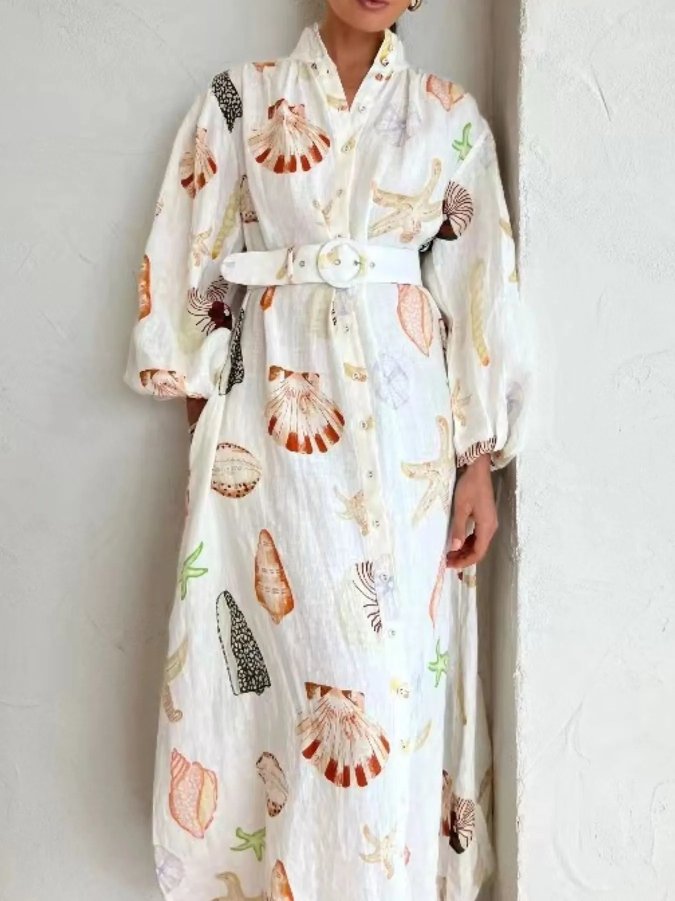 Printed Balloon Sleeve Maxi Shirt Dress - Image 3