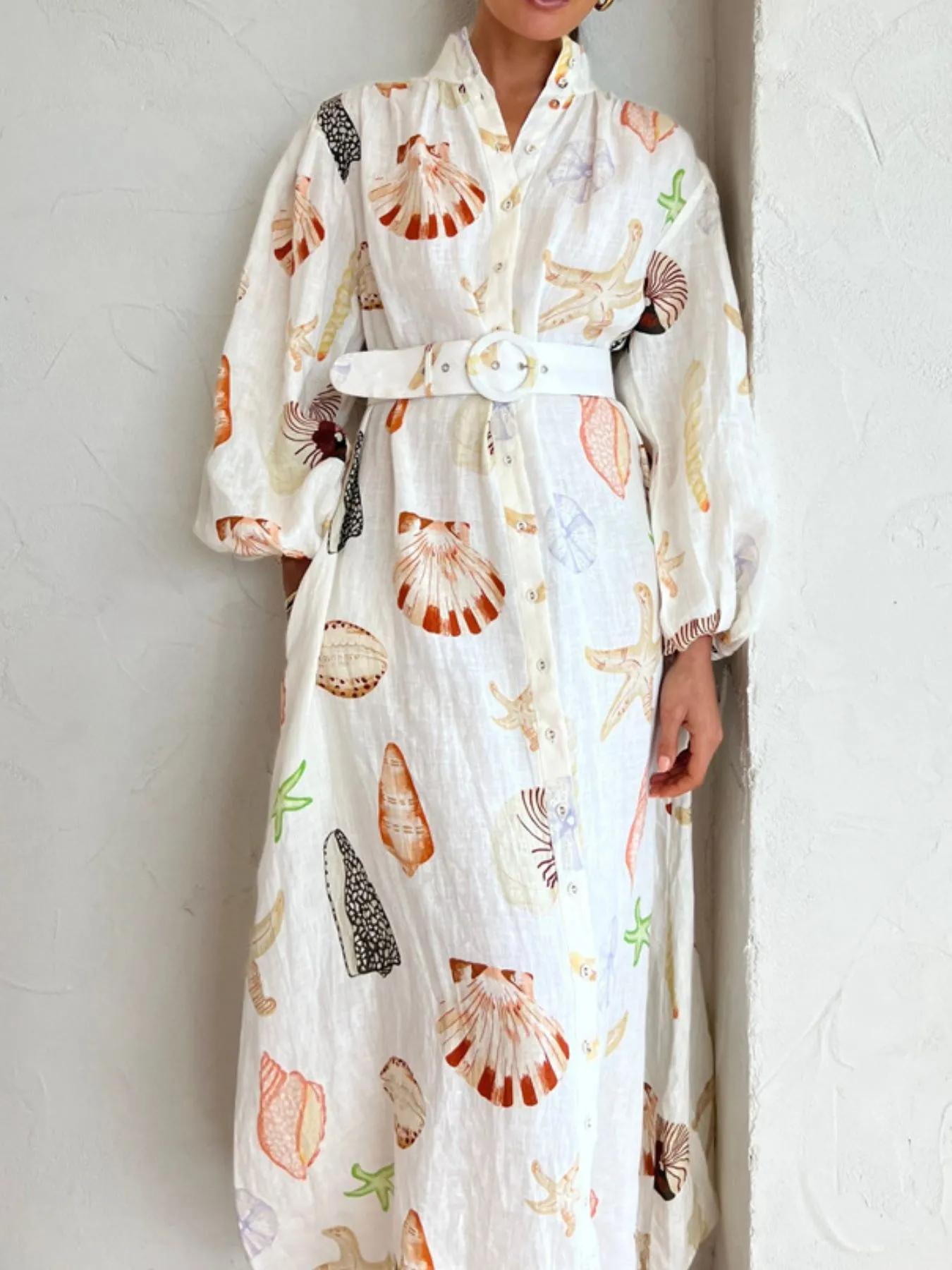 Printed Balloon Sleeve Maxi Shirt Dress - Image 4