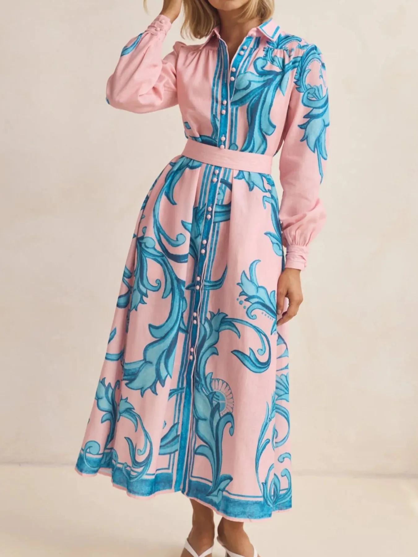 Printed Button Down Belted Shirt Dress - Image 9