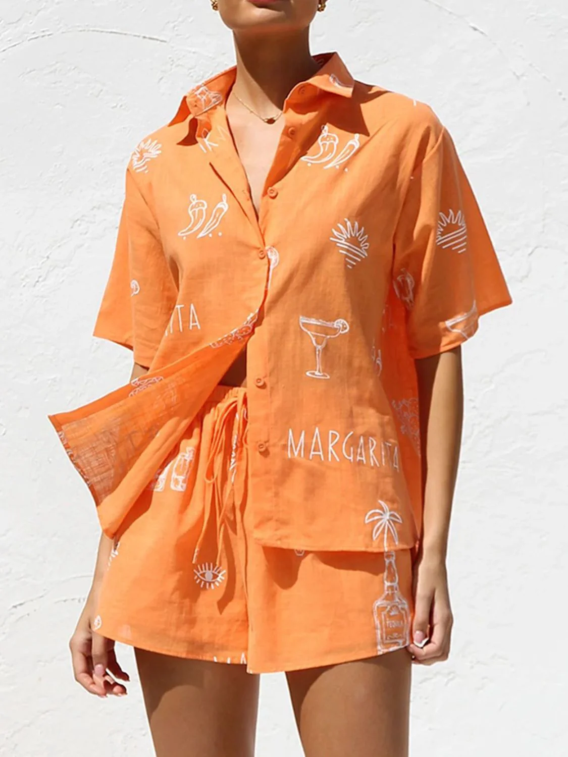 Printed Button Down Short Sleeve Top and Shorts Set - Image 17