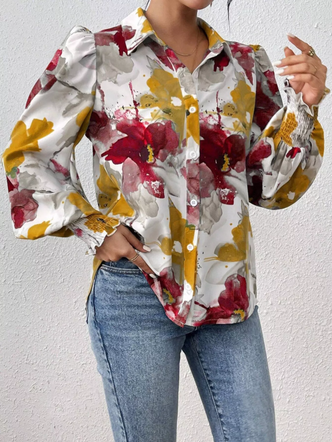 Printed Button Up Lantern Sleeve Shirt - Image 20