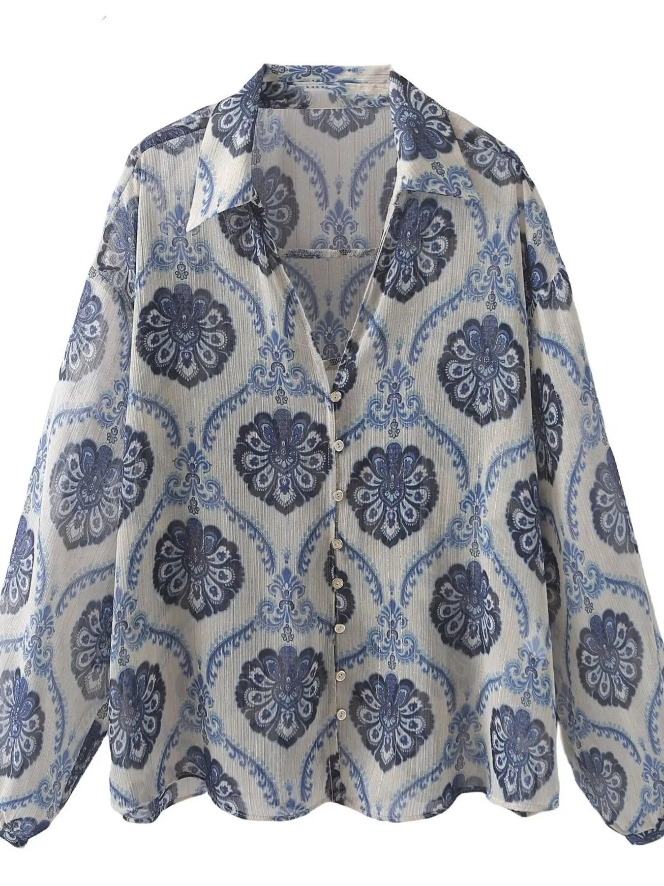 Printed Button Up Long Sleeve Dress