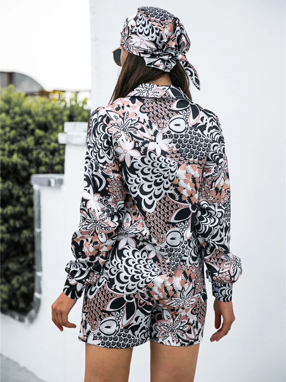 Printed Button Up Long Sleeve Shirt and Shorts Set - Image 12