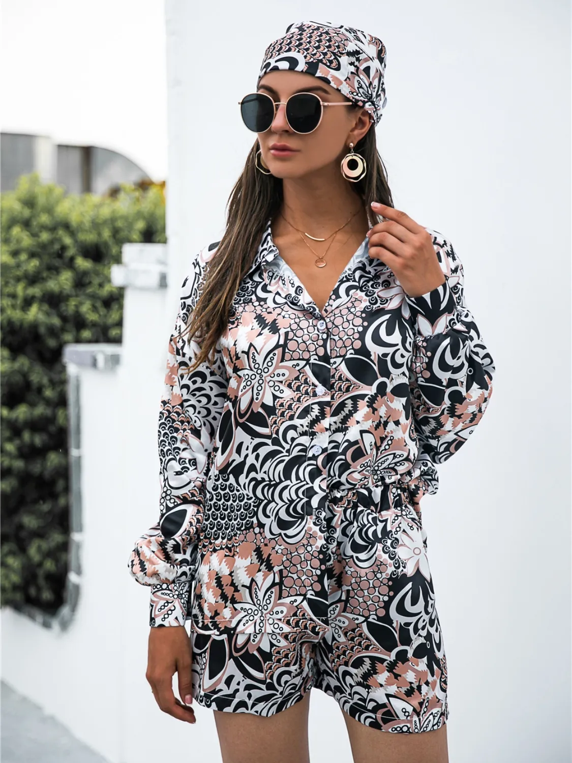 Printed Button Up Long Sleeve Shirt and Shorts Set - Image 14