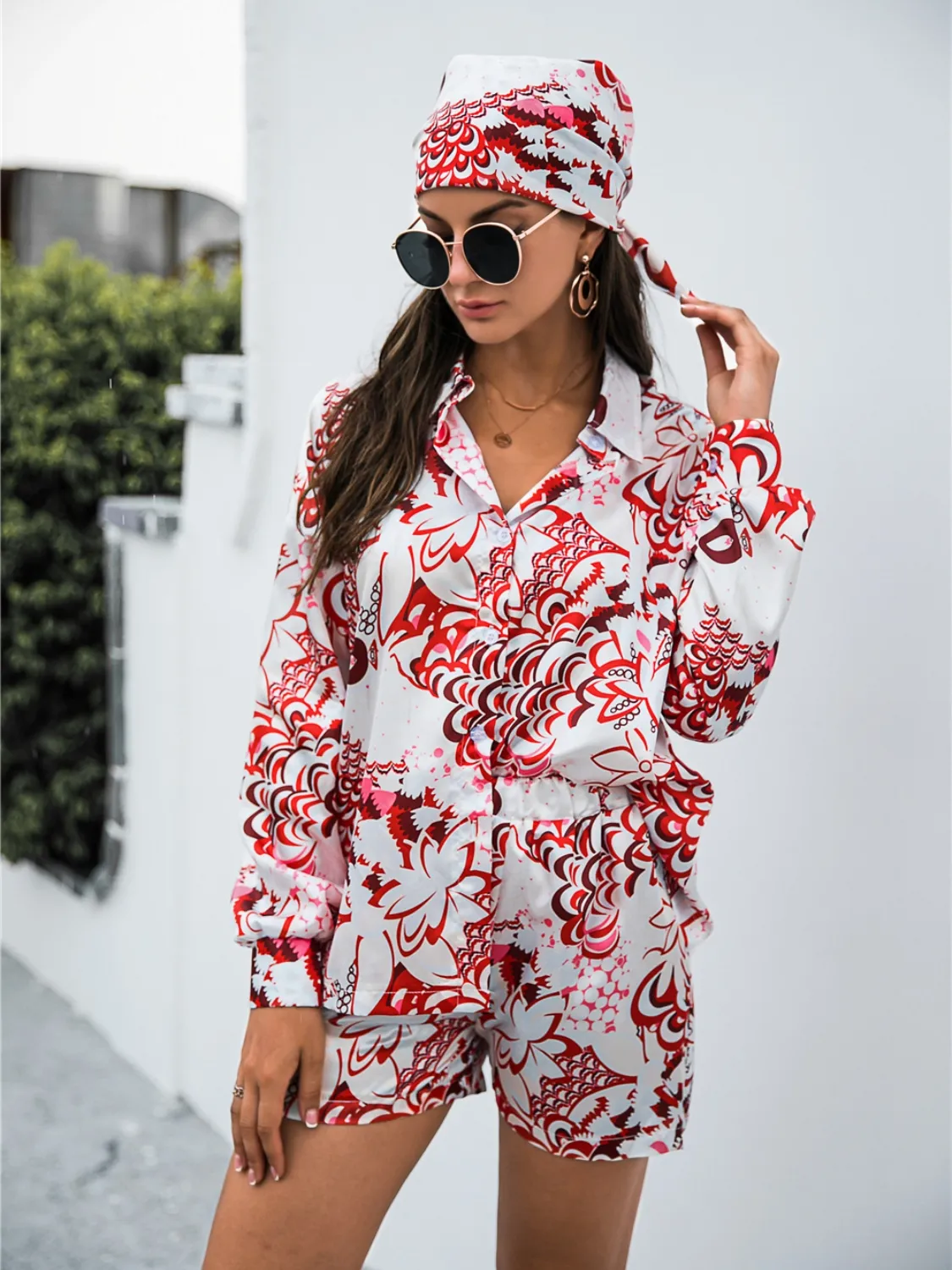 Printed Button Up Long Sleeve Shirt and Shorts Set - Image 16