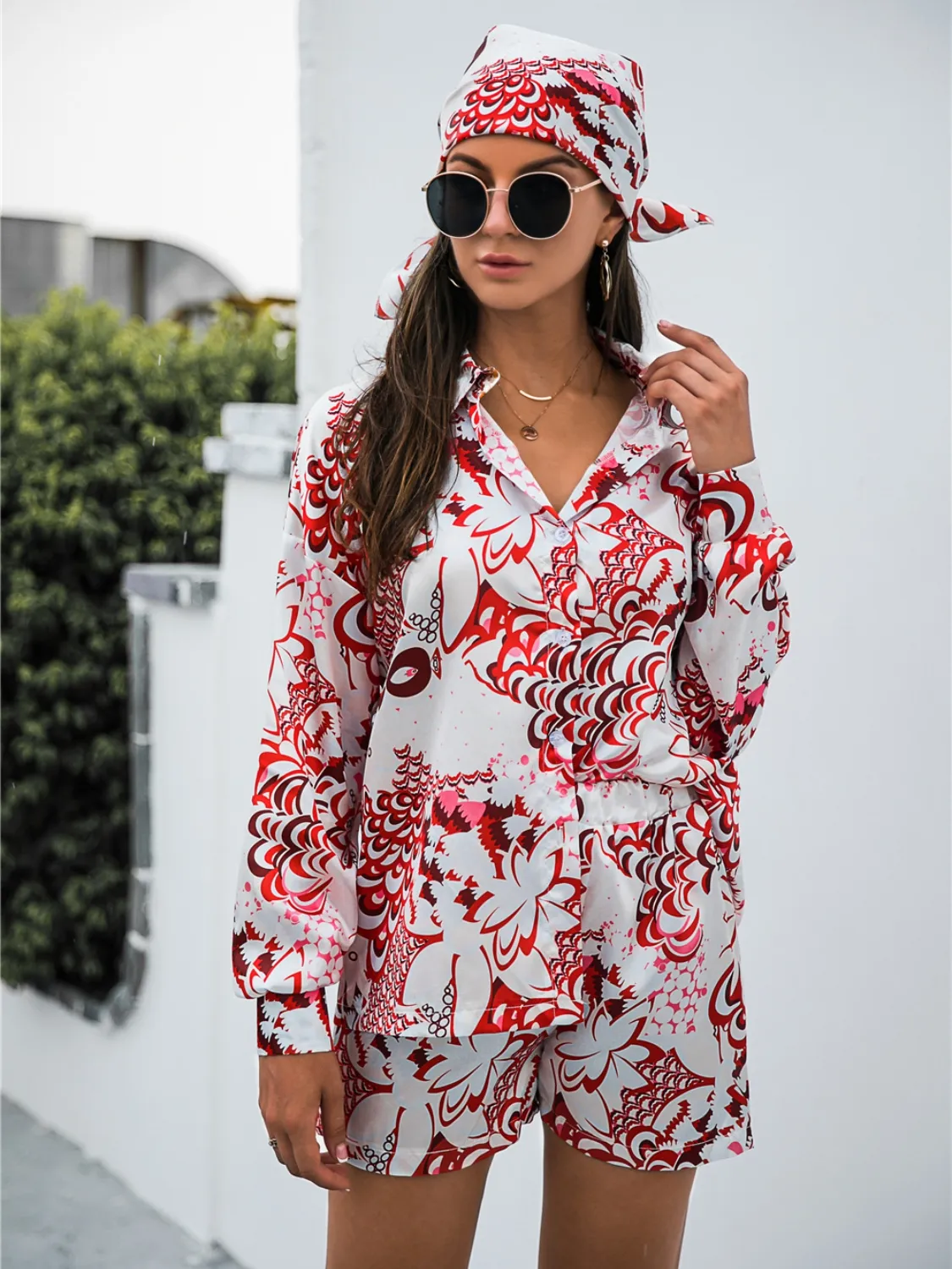 Printed Button Up Long Sleeve Shirt and Shorts Set - Image 19