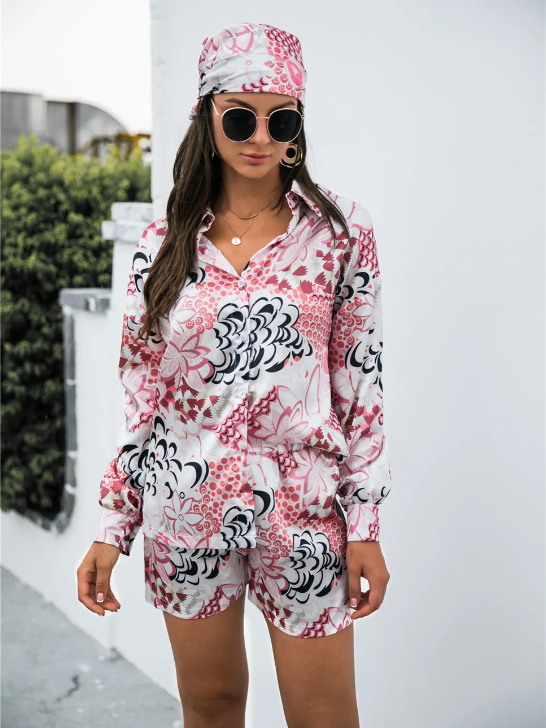 Printed Button Up Long Sleeve Shirt and Shorts Set - Image 6
