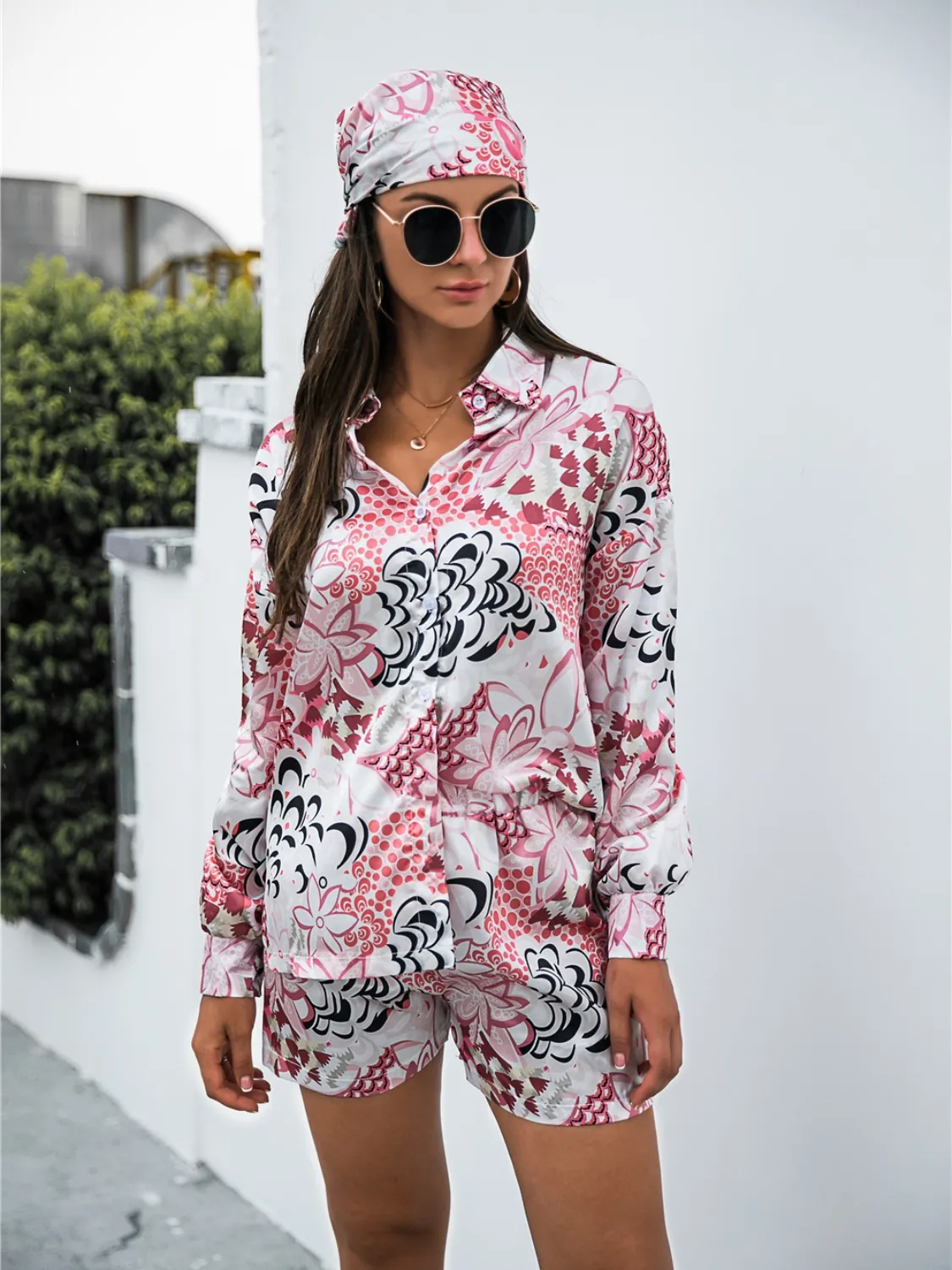 Printed Button Up Long Sleeve Shirt and Shorts Set - Image 9