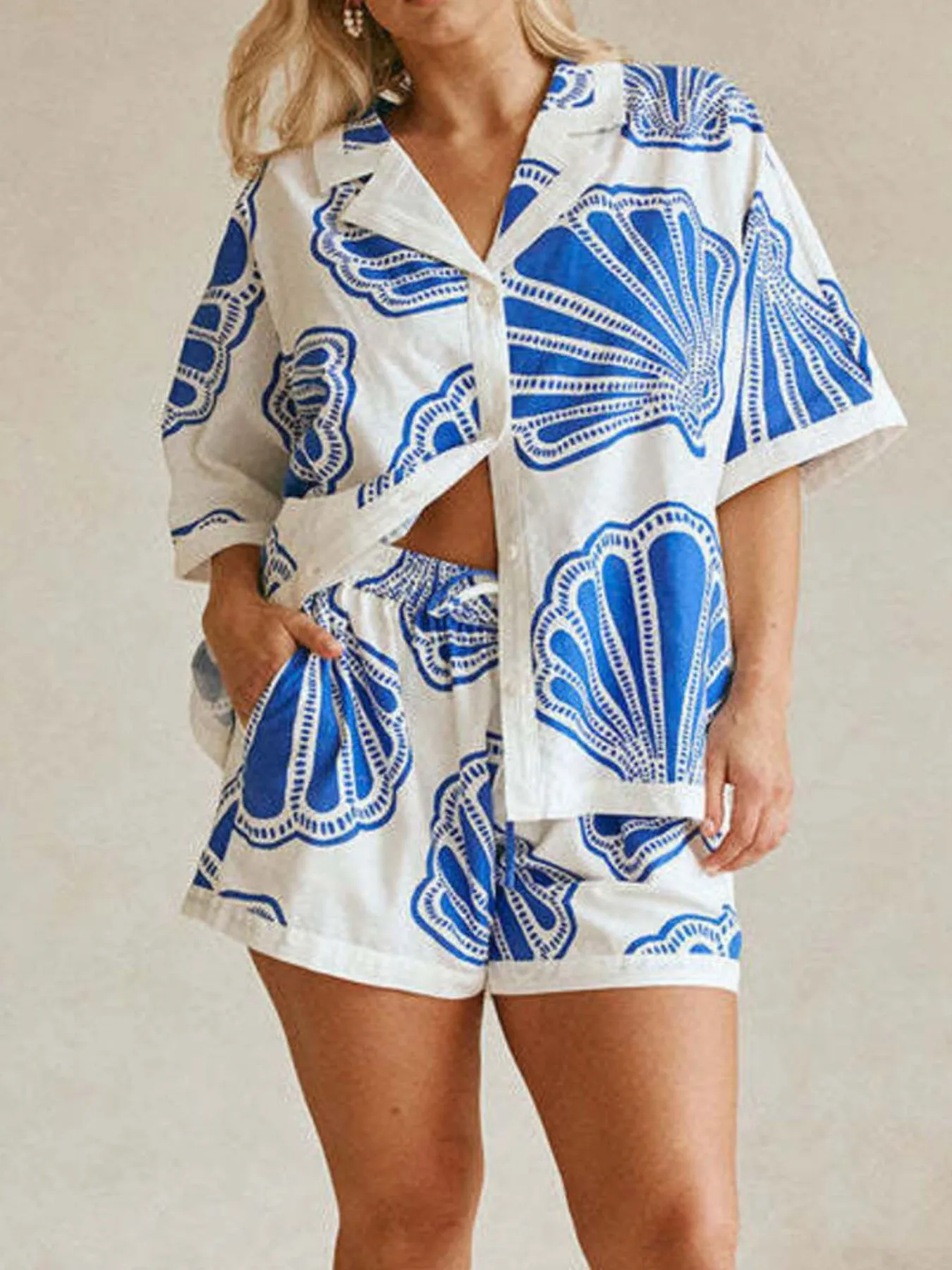 Printed Button Up Shirt and Shorts Set - Image 7