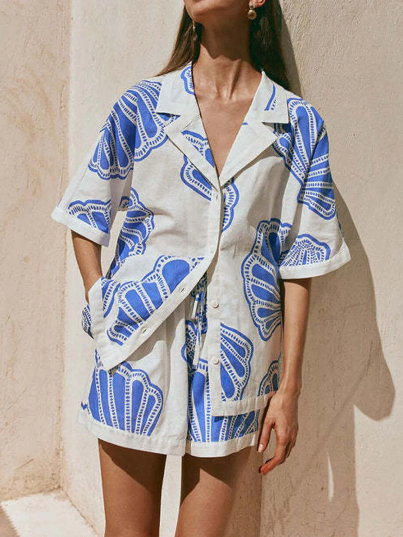 Printed Button Up Shirt and Shorts Set - Image 9