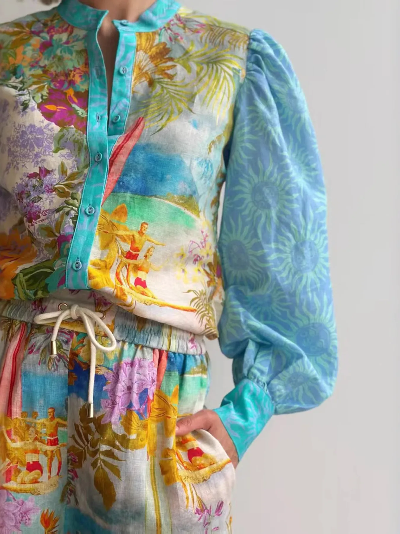 Printed Button Up Shirt and Shorts Set - Image 3