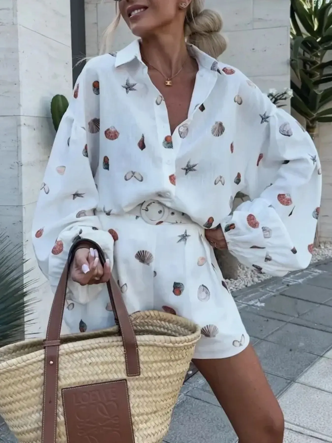 Printed Button Up Shirt and Shorts Set - Image 3