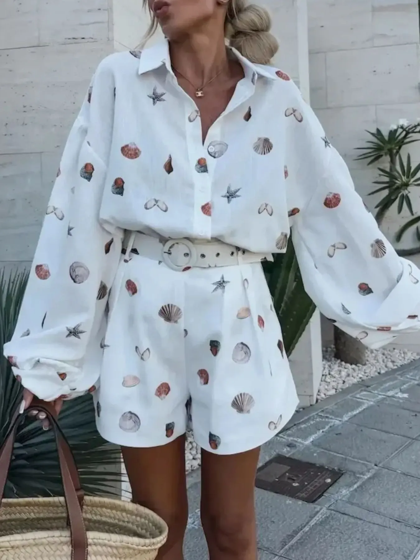 Printed Button Up Shirt and Shorts Set - Image 6